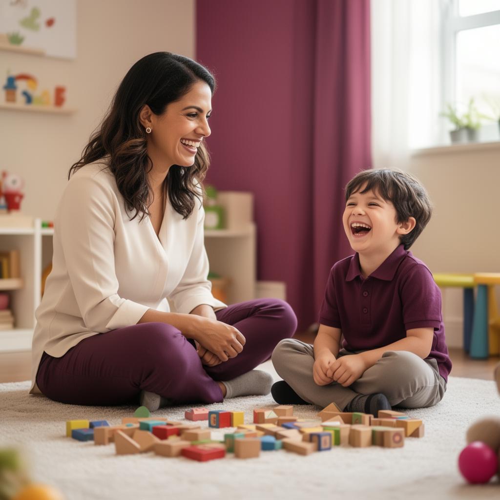 Psicóloga em sessão com criança sorridente